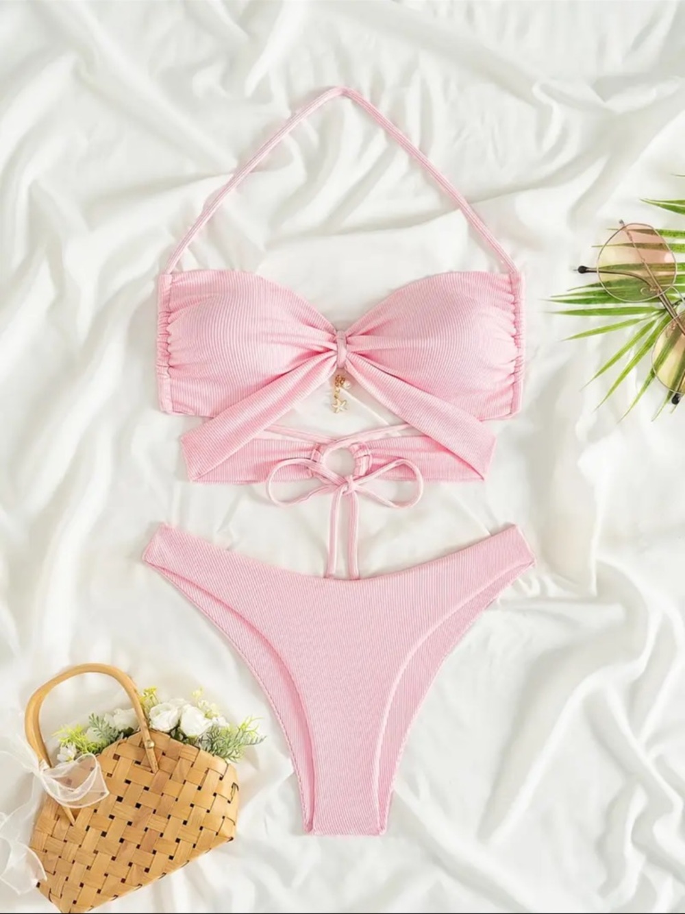 Pink Ribbed Tie-Front Bikini Set - Picture 2 of 4